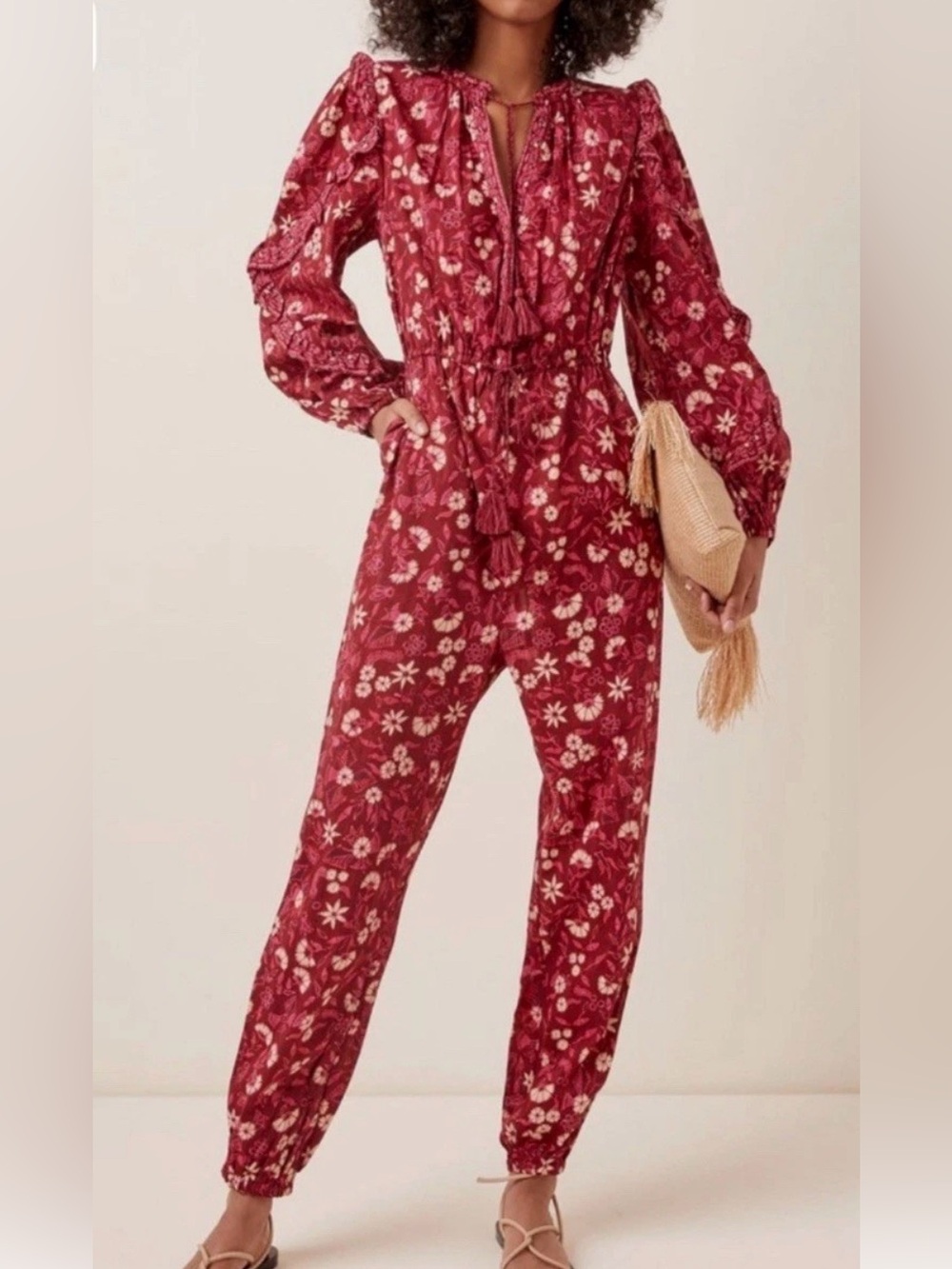 Ulla Johnson Delphine Floral Print LongSleeve Cotton Jumpsuit In Burgundy Size 6